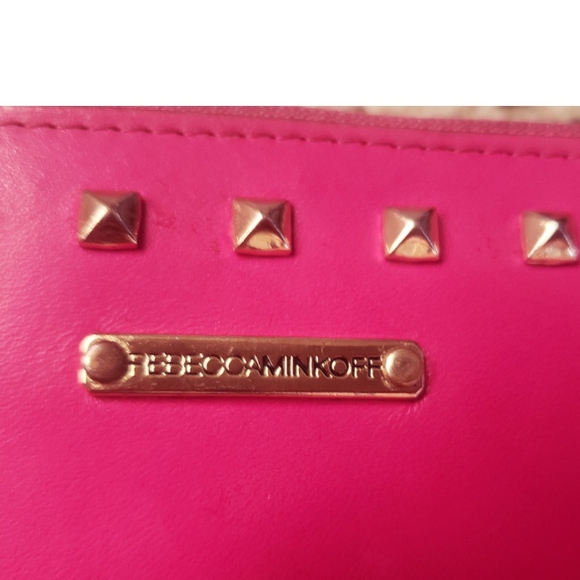 Rebecca Minkoff Pink Leather Wallet Zip Goldtone Rivets Studded Coin Purse Cute - Picture 12 of 15